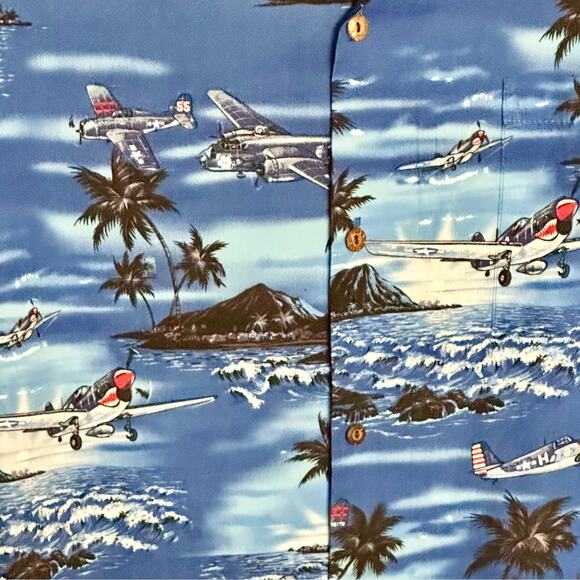 Vintage KY's Blue Hawaiian Shirt Size XL Pacific WWII Planes Short Sleeve Retro - Picture 6 of 7